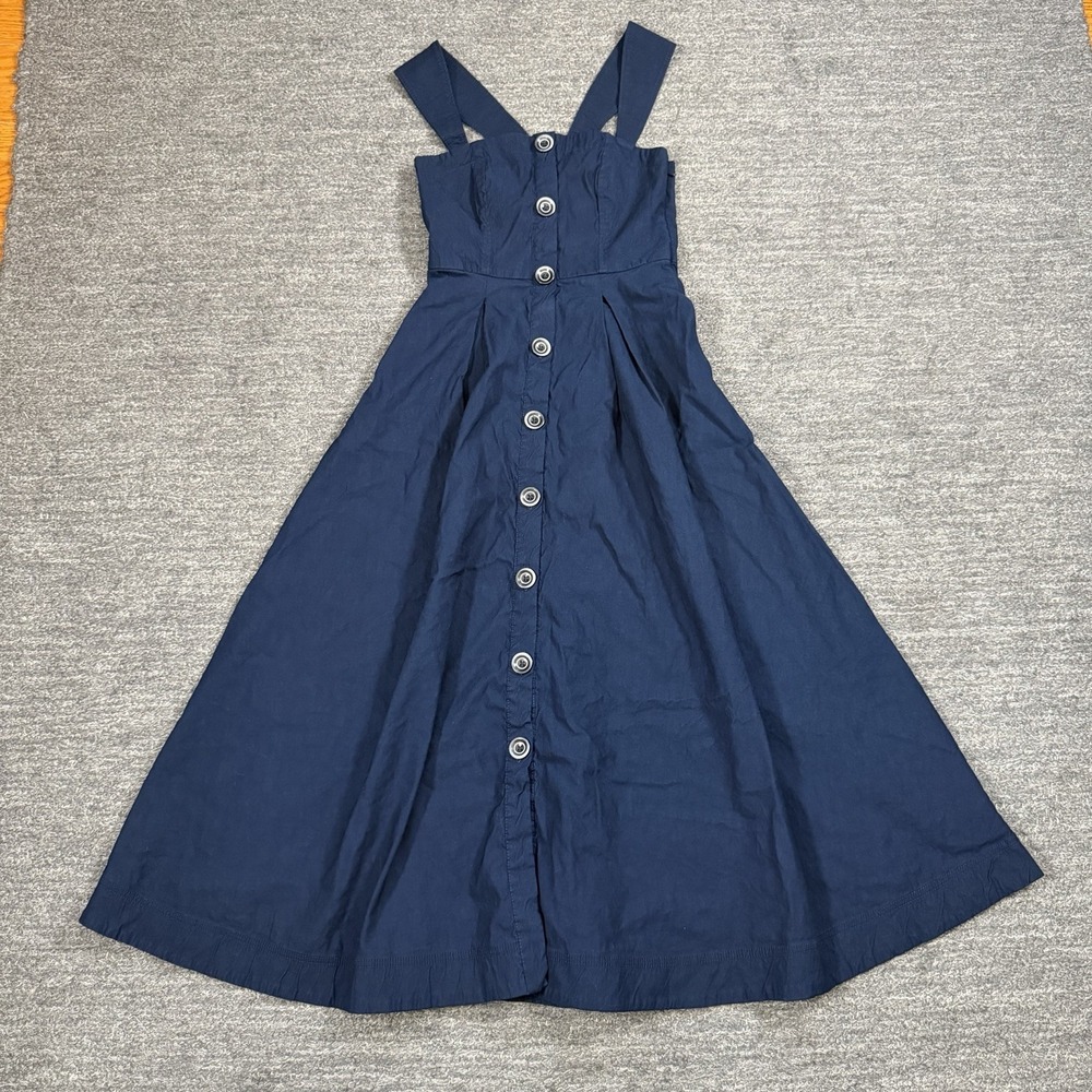 Anthropologie Maeve Square Neck Midi Dress Women Navy Button Up Linen Blend